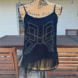 NWOT Express Beaded Fringe Spaghetti Strap Top Black Size Small
